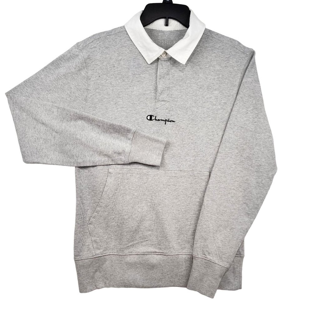 Champion Men's Size M Rugby Polo Long Sleeve Grey Pullover Jersey Knit Shirt